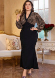 Women V neck long-sleeved color-blocked sexy maxi dress