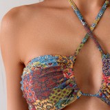 Women Printed Backless Halter Neck Tie-Up Swimwear Two Pieces