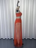 Women Mesh Pleated Detachable Bandeau Swimwear Skirt Three-Piece