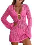 Women Ring Hollow-Out Knitting Long-Sleeved Bikini Swimwear Beach Dress