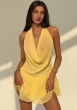 Women Halter Neck Backless V-Neck Pleated Mini Dress