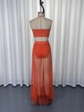 Women Mesh Pleated Detachable Bandeau Swimwear Skirt Three-Piece