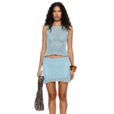 Women Hollowed-out embroidered crochet beach sleeveless top and skirt two-piece set