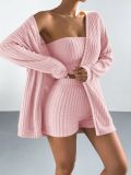 Women Ribbed Long-Sleeved Strapless Top and Shorts Three-Piece Set