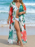 Plus size Women beach cover-up botanical print mesh Cover-Up Dress