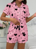Women Turndown Collar Short-Sleeved Top and Shorts Two-Piece Set