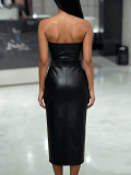 Women Sexy Strapless slit Pu-Leather Solid studded dress