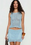 Women Hollowed-out embroidered crochet beach sleeveless top and skirt two-piece set