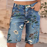 Women Floral Print Denim Wide-Leg Shorts