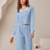 Women Turndown Collar Lace Bow Long-sleeved Top and Pant Two-piece Set