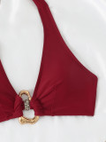 Women Solid Halter Neck Hollow-Out Swimwear Three-Piece Two Pieces