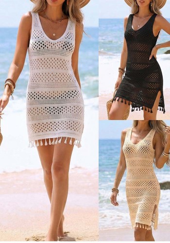 Women Beach Bikini Cover-Up Hollow-Out Tassel Patchwork Dress