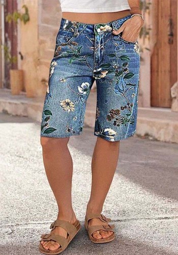 Women Floral Print Denim Wide-Leg Shorts