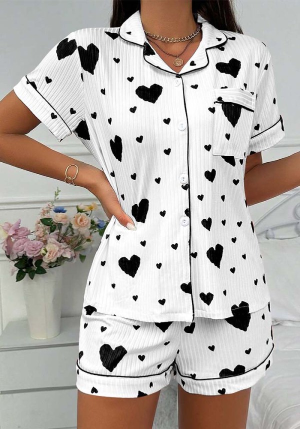 Women Turndown Collar Short-Sleeved Top and Shorts Two-Piece Set