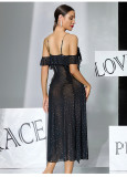 Women multi-color mesh rhinestone off-shoulder V neck ruffle slit see-through maxi dress