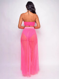 Women Mesh Pleated Detachable Bandeau Swimwear Skirt Three-Piece