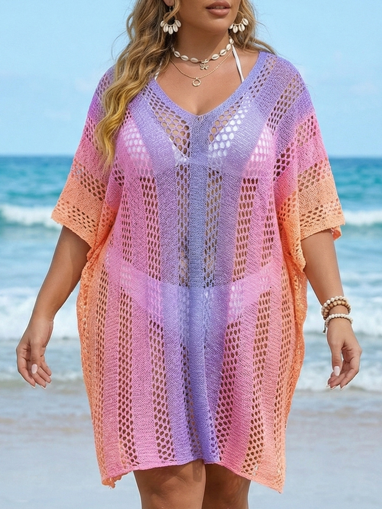 Plus Size Gradient Hollow-Out Bikini Cover-Up Dress