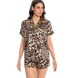Women Leopard Print Turndown Collar Short-sleeved Top and Shorts (Pajama) Two-piece Set