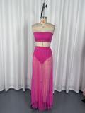 Women Mesh Pleated Detachable Bandeau Swimwear Skirt Three-Piece