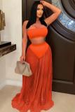 Women Mesh Pleated Detachable Bandeau Swimwear Skirt Three-Piece