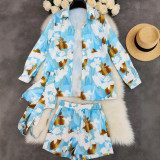 Women Printed Long-sleeved Top and Shorts Three-Piece