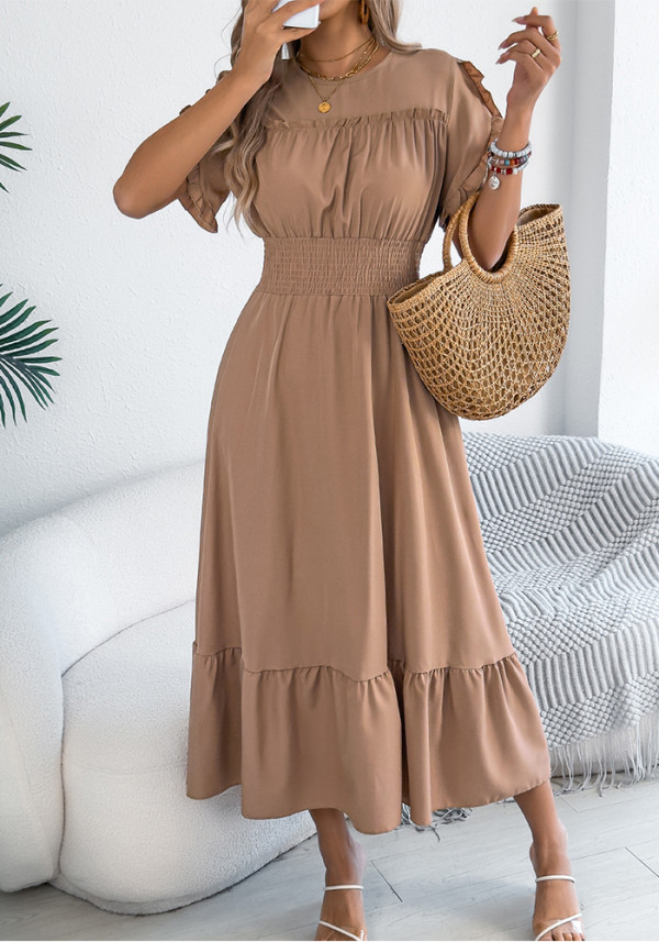 Women ruffle edge short-sleeved maxi dress