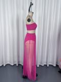 Women Mesh Pleated Detachable Bandeau Swimwear Skirt Three-Piece