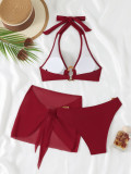 Women Solid Halter Neck Hollow-Out Swimwear Three-Piece Two Pieces
