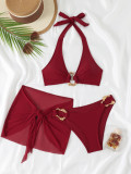 Women Solid Halter Neck Hollow-Out Swimwear Three-Piece Two Pieces