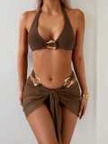 Women Solid Halter Neck Hollow-Out Swimwear Three-Piece Two Pieces