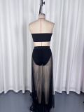 Women Mesh Pleated Detachable Bandeau Swimwear Skirt Three-Piece