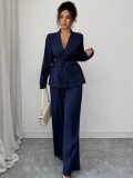 Women Long-Sleeved Blazer and Wide-Leg Pants Two-Piece Set