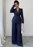 Women Long-Sleeved Blazer and Wide-Leg Pants Two-Piece Set