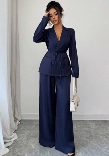 Women Long-Sleeved Blazer and Wide-Leg Pants Two-Piece Set
