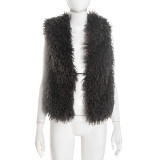 Women Solid Furry patchwork hooded tie-up backless top