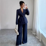 Women Long-Sleeved Blazer and Wide-Leg Pants Two-Piece Set