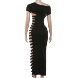 Women slash-shoulder sleeveless solid cutout sexy bodycon dress