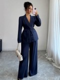 Women Long-Sleeved Blazer and Wide-Leg Pants Two-Piece Set