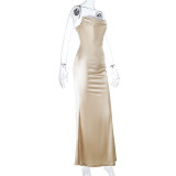 Women Sexy Lace Neckline Patchwork Maxi Dress