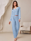 Women Turndown Collar Lace Bow Long-sleeved Top and Pant Two-piece Set