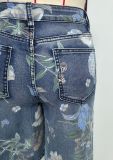 Women Floral Print Denim Wide-Leg Shorts