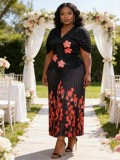 Plus Size Women Pleated Puff Sleeve Beaded Floral Top and Skirt Two-Piece Set