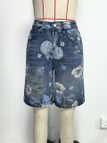 Women Floral Print Denim Wide-Leg Shorts