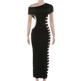 Women slash-shoulder sleeveless solid cutout sexy bodycon dress