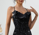 Women Sexy Solid Sequin Strap Ruffle Neckline Slit Dress