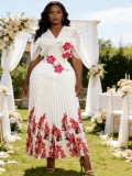Plus Size Women Pleated Puff Sleeve Beaded Floral Top and Skirt Two-Piece Set