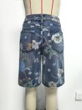 Women Floral Print Denim Wide-Leg Shorts