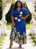 Plus Size Women Pleated Puff Sleeve Beaded Floral Top and Skirt Two-Piece Set