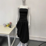 Women Solid Lace-Up Pleated Strap Dress