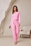 Women Turndown Collar Lace Bow Long-sleeved Top and Pant Two-piece Set